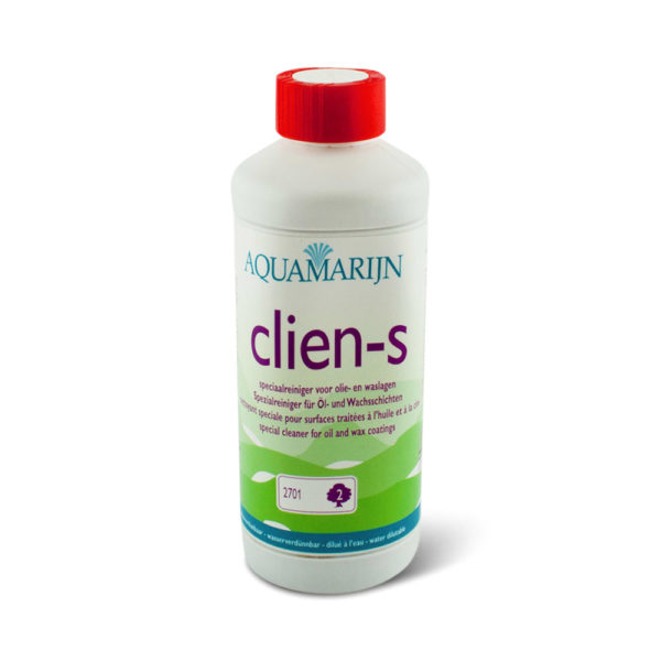 Een fles Aquamarijn Clien-S Speciaalreiniger voor olie of wax